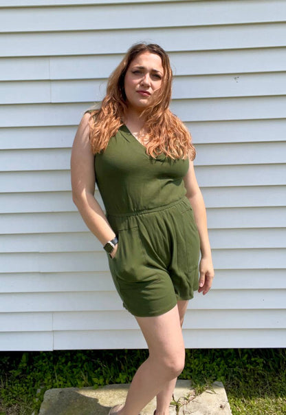 Short Sleeve V-Neck Romper in Army Green