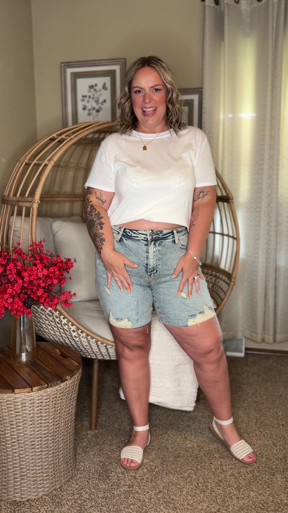 Cindy High Rise Mineral Wash Distressed Boyfriend Shorts