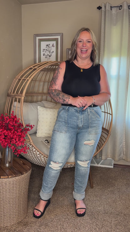 Aiden High Rise Patch Pocket Distressed Boyfriend Jeans