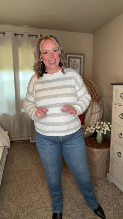 Michelle Mae Cozy Stripe Sweater - Grey and White