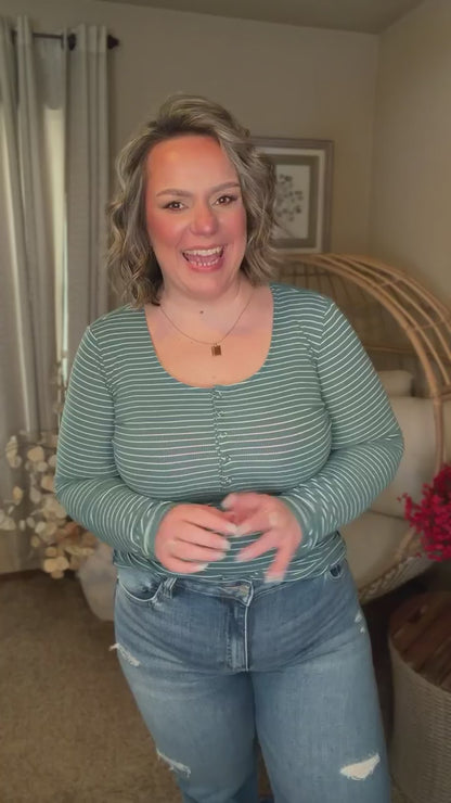 Michelle Mae Striped Henley Long Sleeve - Dusty Teal