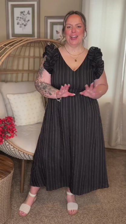 Pinstripe Romance V-Neck Ruffle Sleeve Dress in Black
