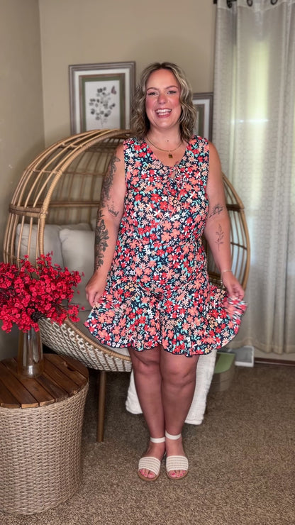 Meadow Mischief Sleeveless Romper in Navy/Orange/Teal