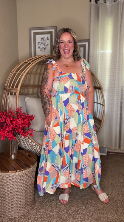 Paint Me Pretty Square Neck Dress in Lime, Blue and Tangerine