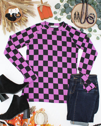 Michelle Mae  Blair Long Sleeve Top - Black and Purple Checkers