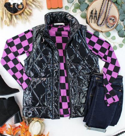 Michelle Mae Remy Zip Up Vest - Shiny Black