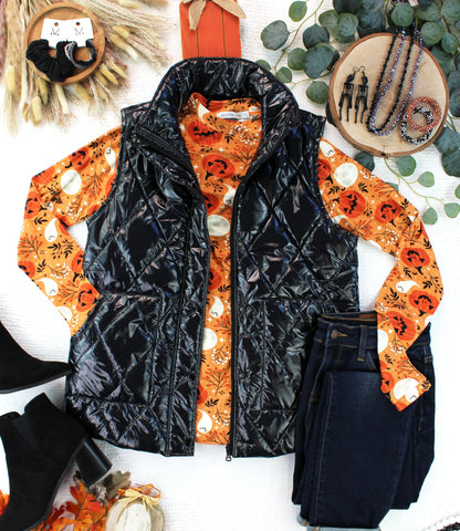 Michelle Mae Remy Zip Up Vest - Shiny Black