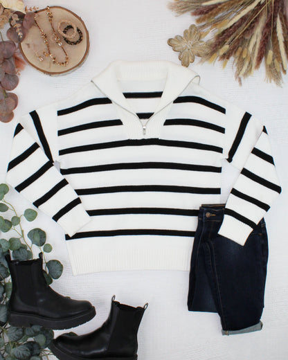 Michelle Mae Quarter Zip Striped Pullover - Black and White