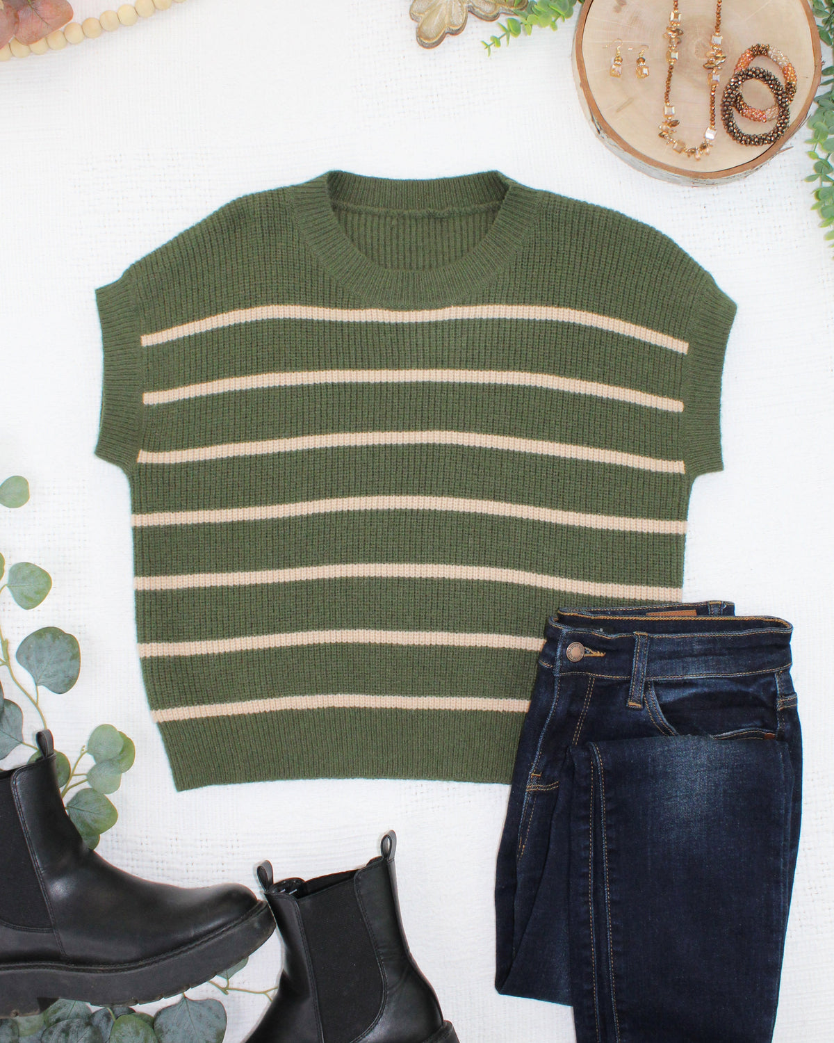 Michelle Mae Striped Sweater Top - Olive and Tan
