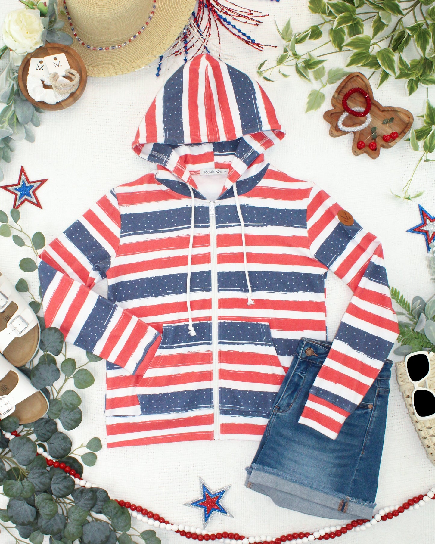 Michelle Mae Fullzip Hoodie - Striped Red, White, and Micro Blue Stars