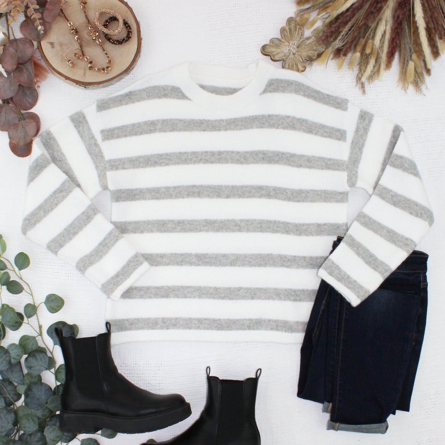 Michelle Mae Cozy Stripe Sweater - Grey and White
