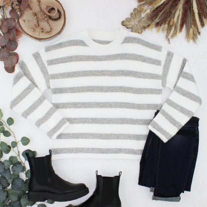 Michelle Mae Cozy Stripe Sweater - Grey and White