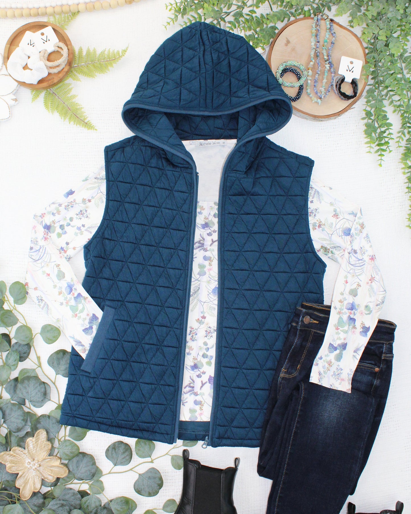 Michelle Mae Heather Geometric Hooded Vest - Teal