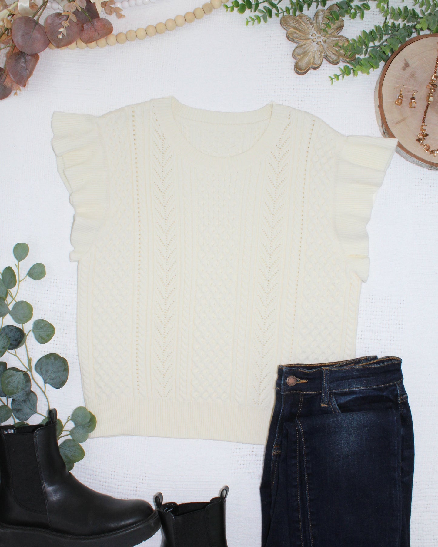 Michelle Mae Felicity Flutter Sweater Top - Ivory