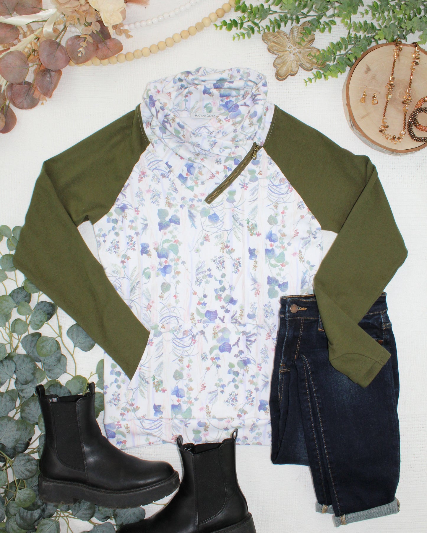 Michelle Mae Classic Zoey ZipCowl Sweatshirt - Olive Meadow and Olive