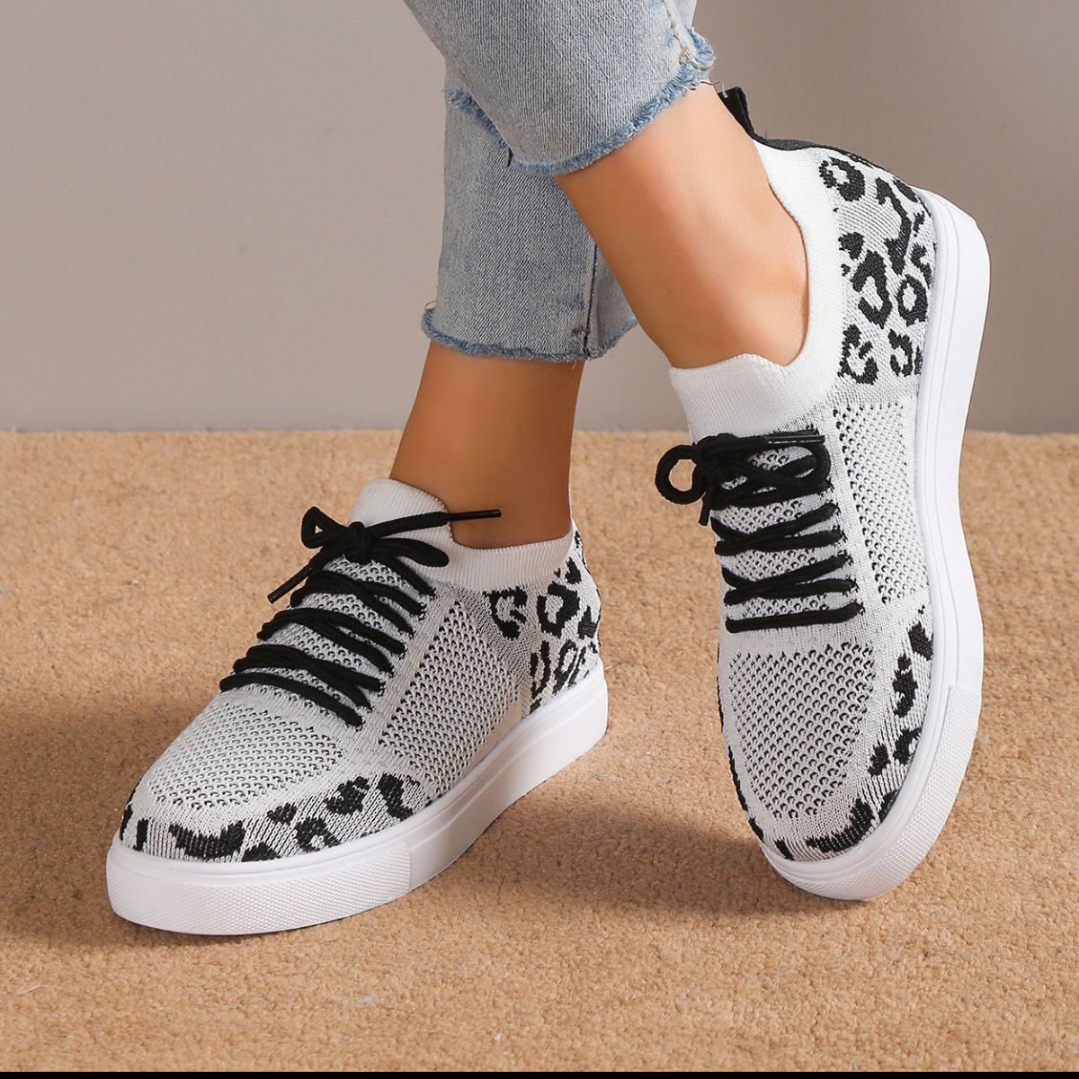 PREORDER- Lace-Up Leopard Flat Sneakers