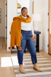 Knitted Fuzzy Pom Pom Scarf In Ginger **FINAL SALE**