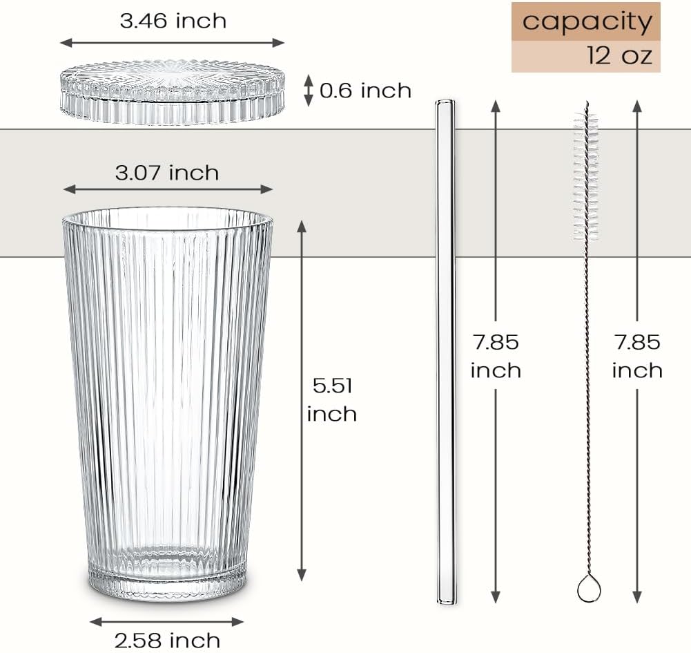 Combler 12 oz Glass Cups with Lids and Straws **FINAL SALE**