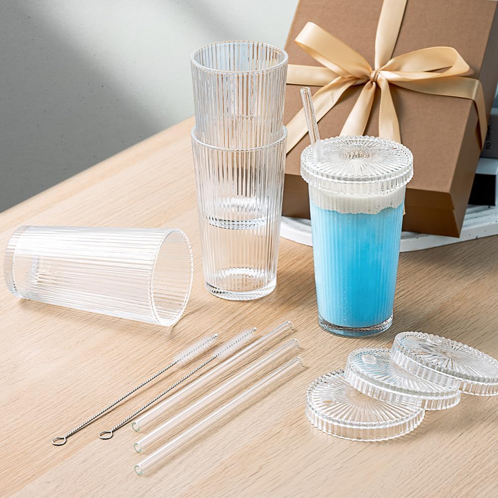 Combler 12 oz Glass Cups with Lids and Straws **FINAL SALE**