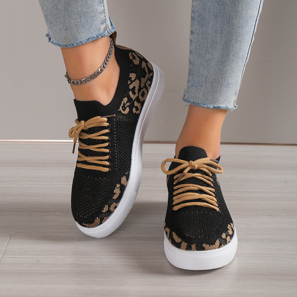 PREORDER- Lace-Up Leopard Flat Sneakers