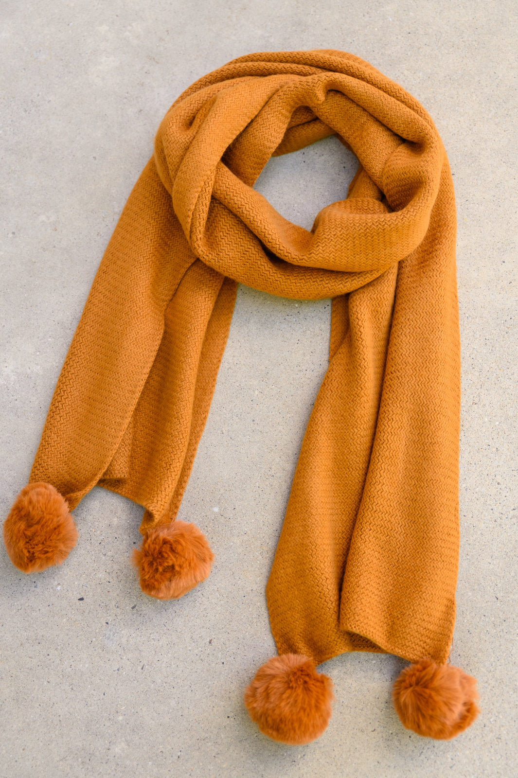 Knitted Fuzzy Pom Pom Scarf In Ginger **FINAL SALE**