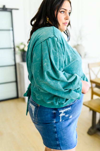 Tied Up In Cuteness Mineral Wash Sweater in Teal