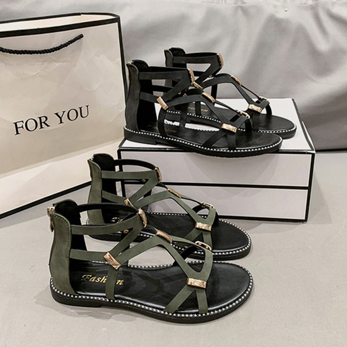 PREORDER- Open Toe Back Zipper Flat Sandals