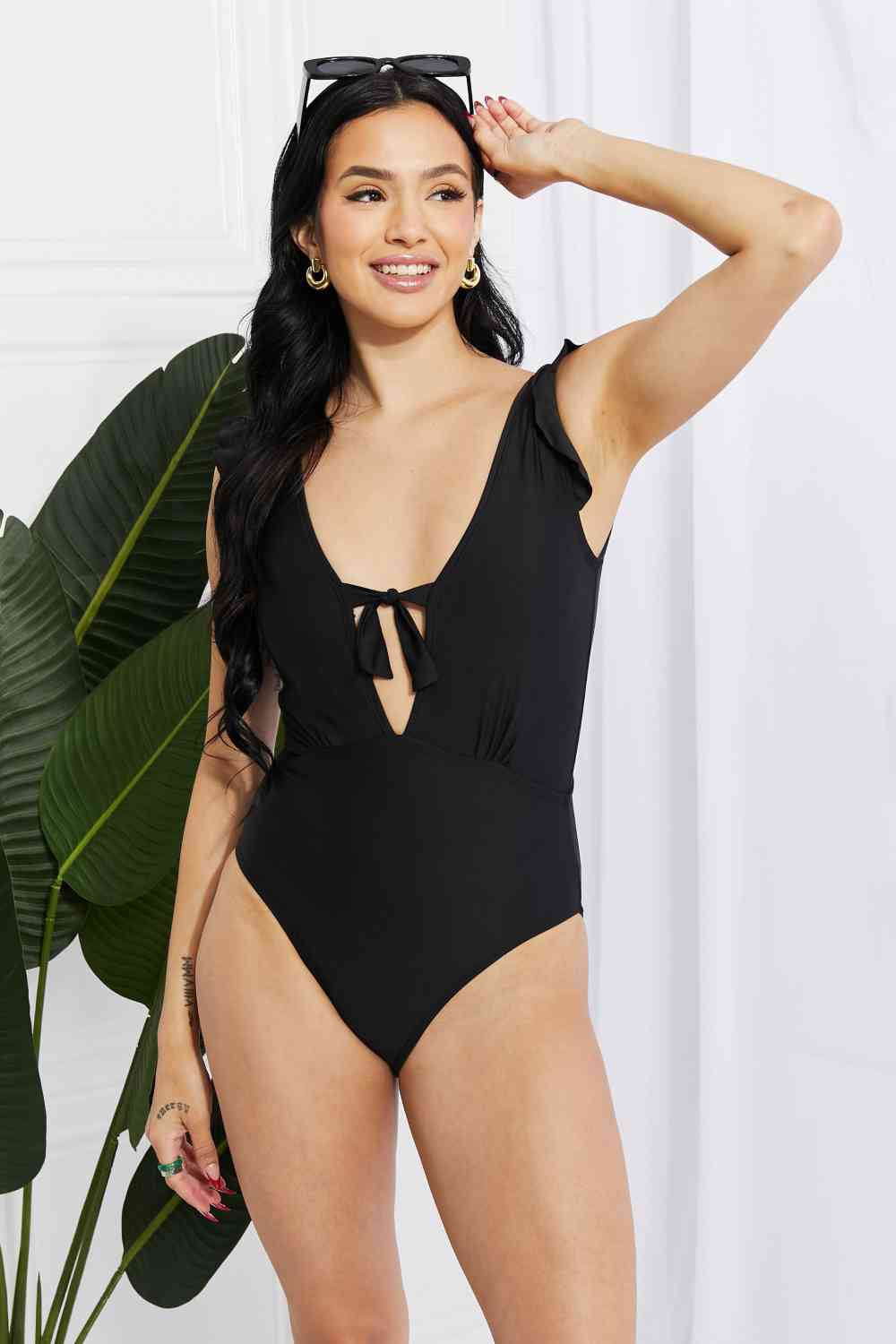 Marina West Seashell Ruffle Sleeve One-Piece - Black