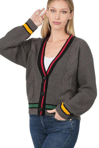 Zenana Contrast Trim Cable Knit Cardigan